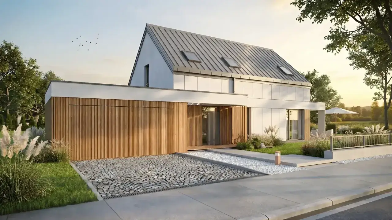 Nowoczesny dom pasywny projekt z drewnianą elewacją i kamiennym podjazdem.