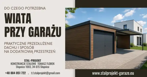 Nowoczesny garaż z wiatą, idealne przedłużenie dachu i dodatkowa przestrzeń. Stal-Projekt.