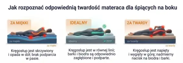 Ilustracja pokazuje trzy pozycje spania na boku na materacach: za miękki, idealny i za twardy. W idealnej pozycji kręgosłup jest prosty, a barki i biodra są odpowiednio zagłębione. Gdzie jest góra materaca? W każdej z trzech opcji, góra materaca jest t...