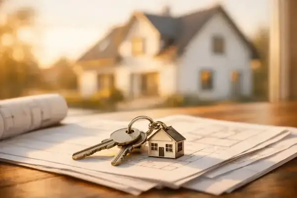 Klucze z breloczkiem w kształcie domu leżą na planach architektonicznych. To symboliczny początek wykończenia domu krok po kroku.