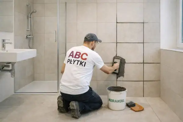 Fachowiec fuguje płytki rektyfikowane, co to znaczy? Precyzyjne, równe fugi to sekret idealnej łazienki.