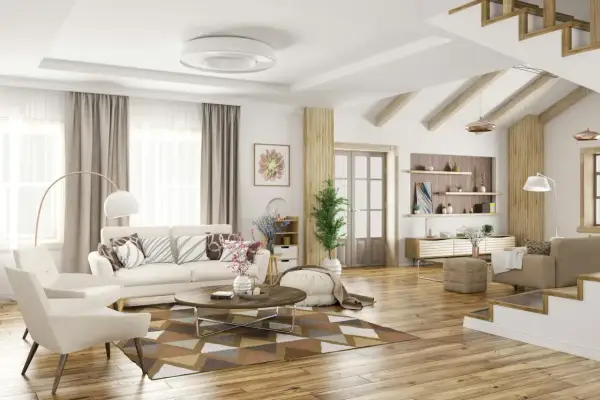 Nowoczesny salon z geometrycznym dywanem, który pomoże Ci zdecydować, jak dobrać dywan do salonu.