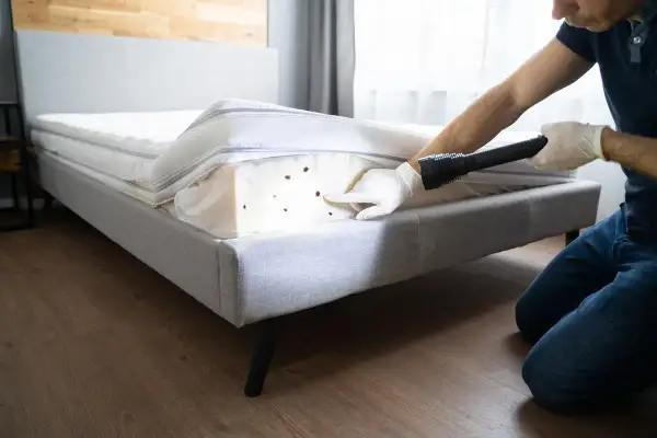 Inspektor w rękawiczkach wskazuje latarką na pluskwy w materacu.